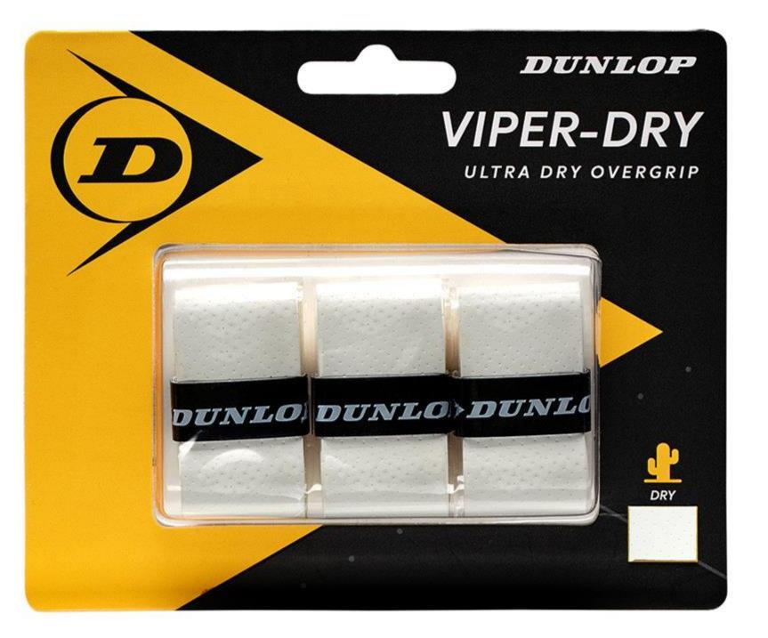 Introducing the packaging of the Dunlop Viper-Dry Badminton Overgrip - 3 Pack - White. This set includes three white grips housed in a plastic case, each engineered for exceptional durability and sweat absorption. The eye-catching yellow and black box, decorated with a cactus symbol, prominently displays the bold black Dunlop logo band.