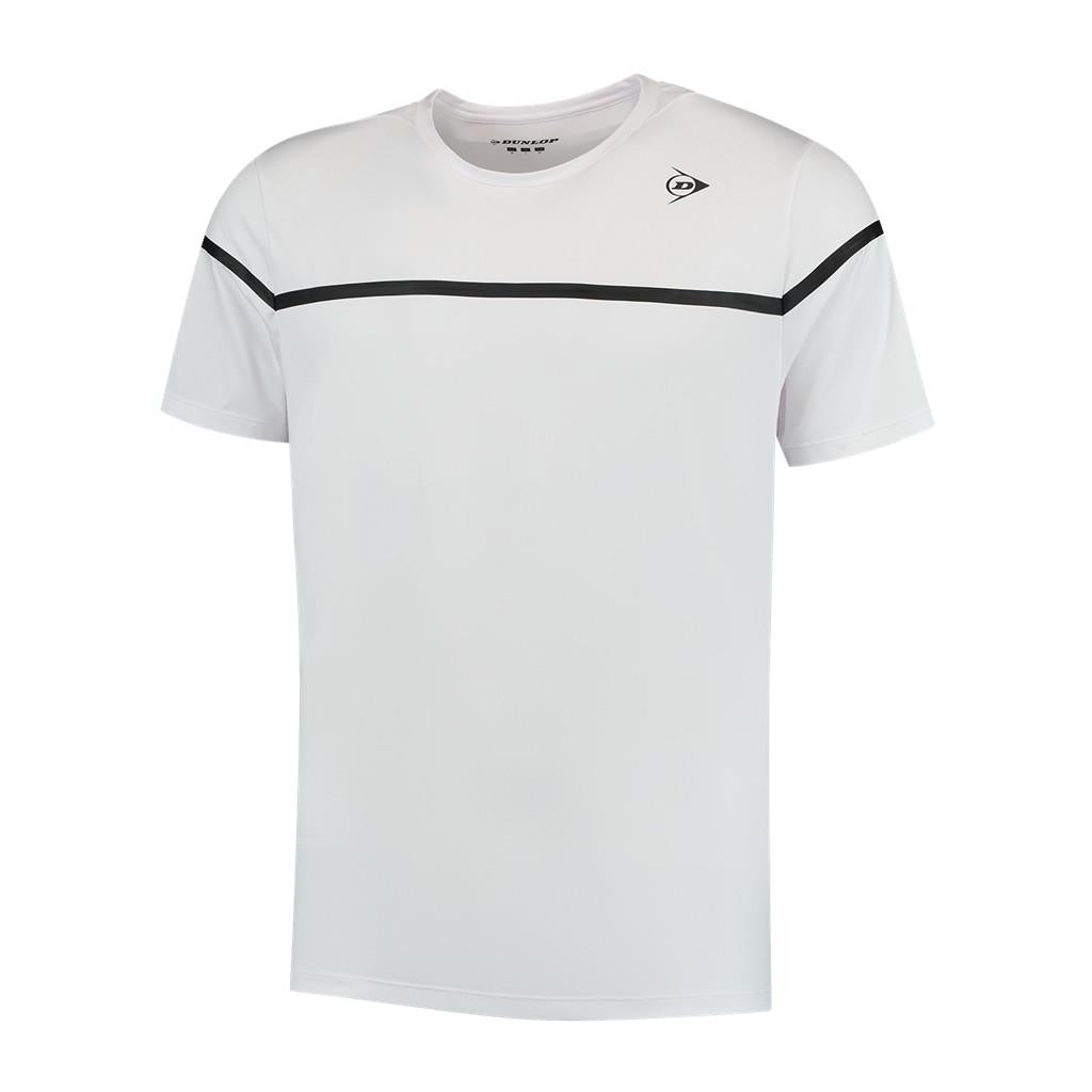 The Dunlop Performance Game 2 Mens T-Shirt - White highlights a horizontal black stripe across the chest and shoulders. This high-quality, lightweight piece offers both style and moisture-absorbing comfort, displayed against a white background.