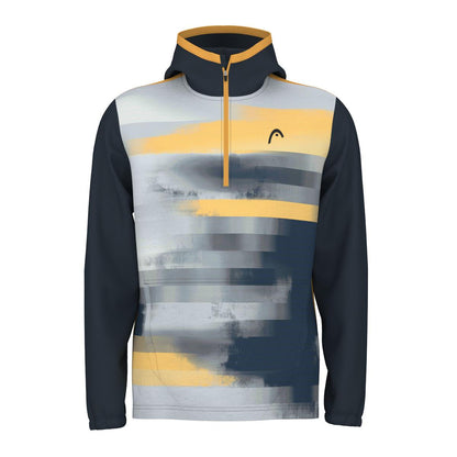 The HEAD Vision Topspin Men's Badminton Hoodie - NVXV features a fashionable half-zip design with horizontal stripes in gray, yellow, and navy blue, complete with a small logo on one of the stripes. Made from Moisture Transfer Microfibre, this hoodie has solid navy blue sleeves and a hood for extra style.