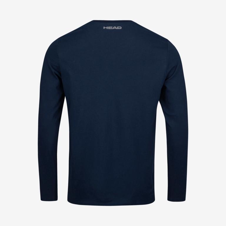 The HEAD Club Cliff Men's Long Sleeve Top in dark blue, crafted from a technical blend of polyester and cotton, features a round neckline. On the back, "HEAD" is printed in small white letters near the top center. This top offers moisture-absorbing properties to ensure comfort.