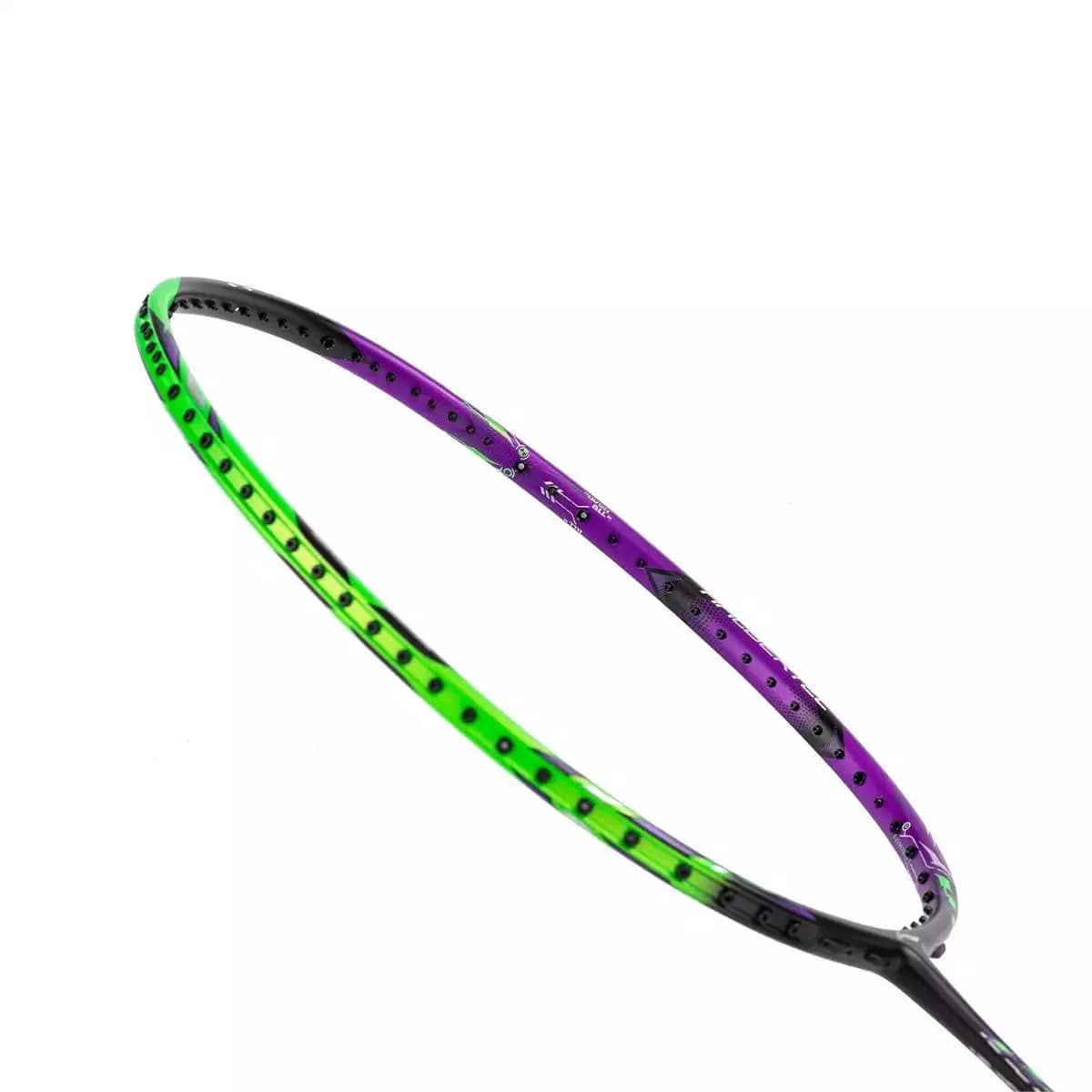 The Li-Ning Halbertec 9000 badminton racket - Green Crystal / Dragons Violet, from the reputable brand Li-Ning, features a high-performance design with a striking green and purple gradient on the frame. Its colorful and aerodynamic head stands out against a white background, emphasizing its sleek elegance.