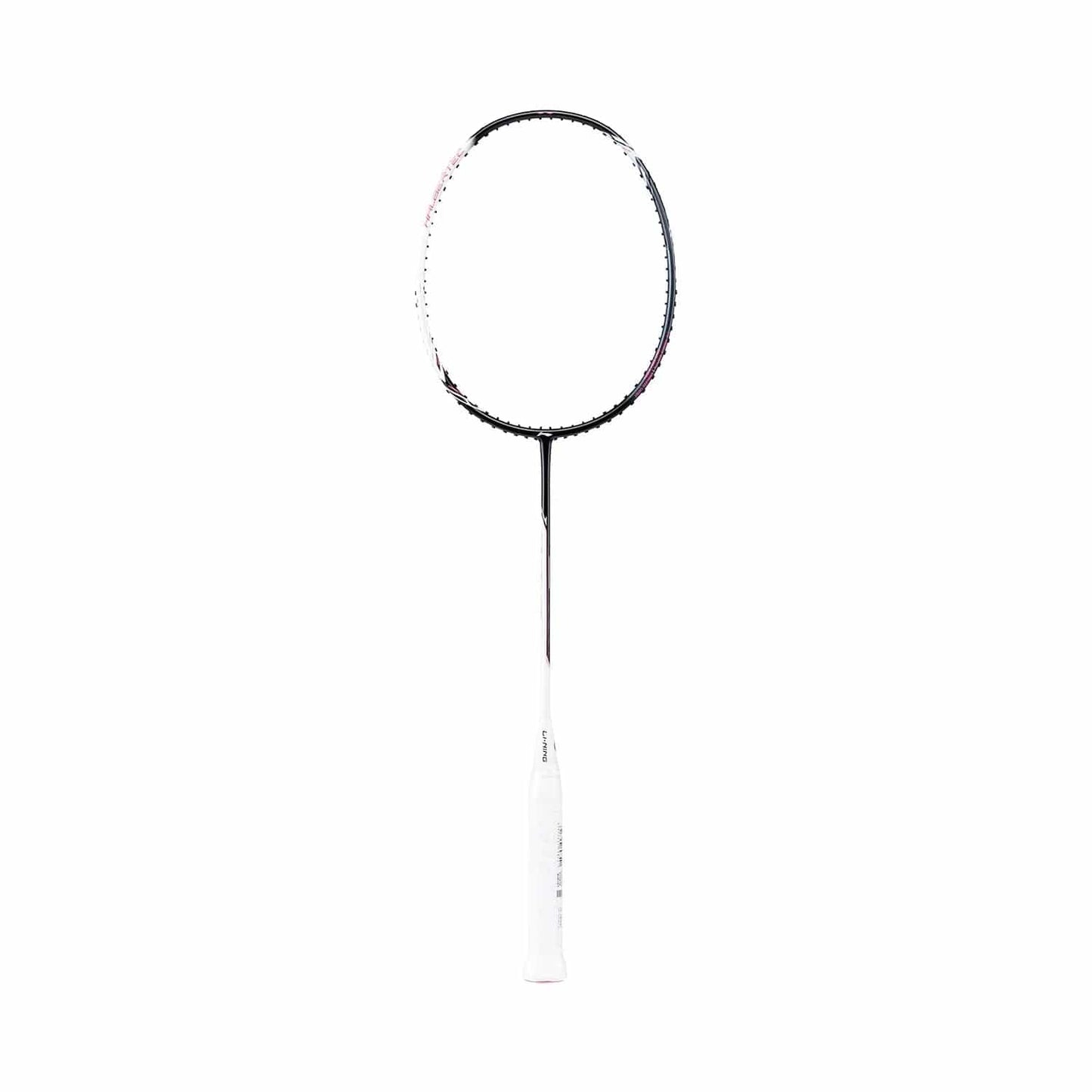 A Li-Ning Halbertec 2000 4U badminton racket, known as the Cool Ebony edition, is positioned against a simple white backdrop, highlighting its elegant design and high-quality carbon construction.