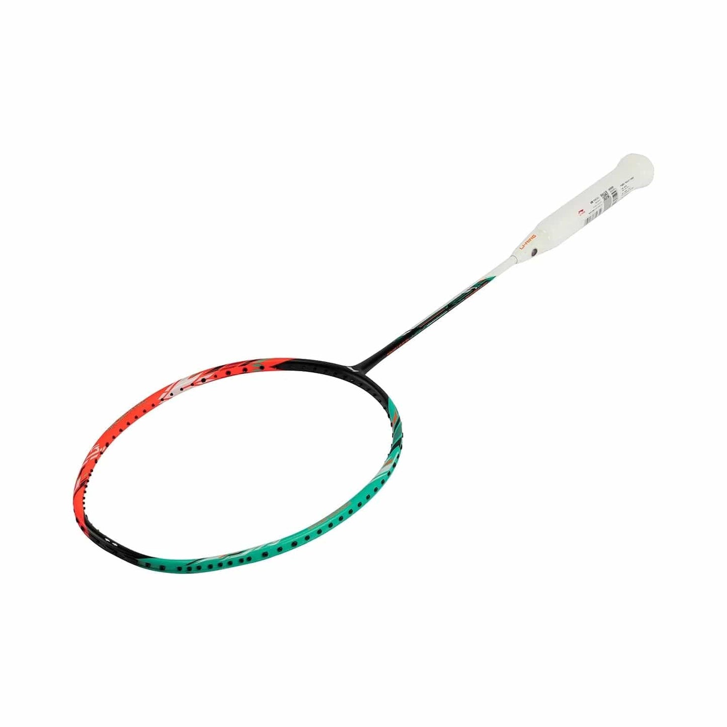 Introducing the Li-Ning Halbertec 7000 4U Badminton Racket in Arcadia and Orange Juice, showcasing a stylish white handle and a dynamic frame combining black, red, and green hues. The intricately designed strings are visible as the racket stands gracefully against a pristine white background.