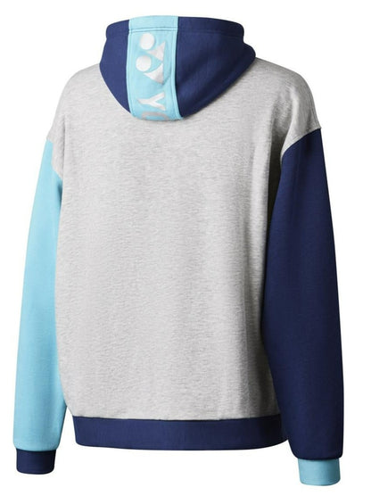 The Yonex YHD123 Unisex Badminton Hoodie, available in Grey, Navy, and Sky, features a gray body complemented by navy blue sleeves and light blue accents. With a hood displaying "BOY" in white letters, this relaxed-fit hoodie effortlessly combines casual style with a touch of sportswear elegance.