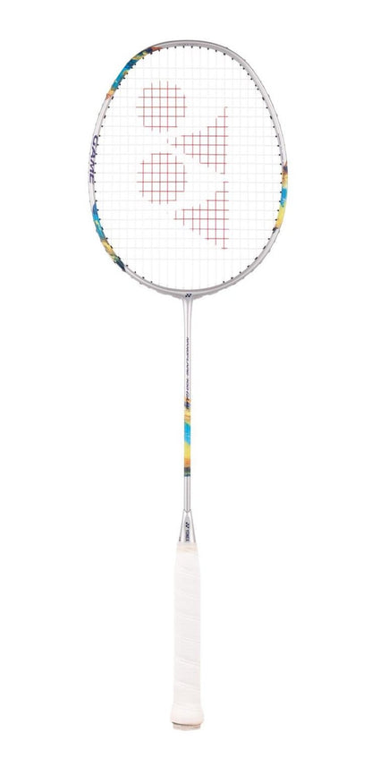 The Yonex Nanoflare 700 Game 4U badminton racket in silver and sky blue, perfect for intermediate players, showcases a white grip and a striking shaft. The strings, marked with red accents, create an intricate pattern against a simple white background.