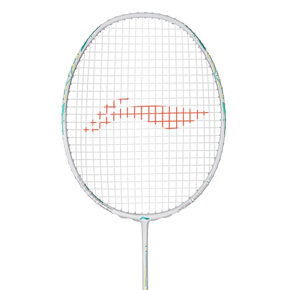 The Li-Ning Axforce 60 4U Badminton Racket in white showcases a sleek frame accented by a dynamic pattern of orange strings at the center. The partially visible shaft and classic oval-shaped head, enhanced with FRTP technology, ensure superior performance on the court.