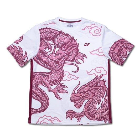 The Yonex CNY2024 Fighting Dragons Mens Badminton T-Shirt in white showcases a bold red and pink dragon and cloud design on its short sleeves, ideal for celebrating Chinese New Year. This shirt prominently features the dragon on the front, adding a dynamic artistic flair rooted in cultural heritage.