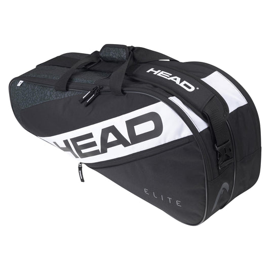 Introducing the HEAD Elite 6R Combi 6 Racket Bag in Black and White: a sophisticated racket bag showcasing the renowned "HEAD" logo. This tennis bag is designed with multiple compartments and robust carrying handles, keeping your gear neatly organized while you're on the move.