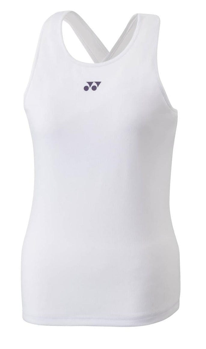 The Yonex 20760 Women's Badminton Tank Top is a high-performance sleeveless white sports top with a racerback design and a small black logo on the chest, from the tournament collection by Yonex.