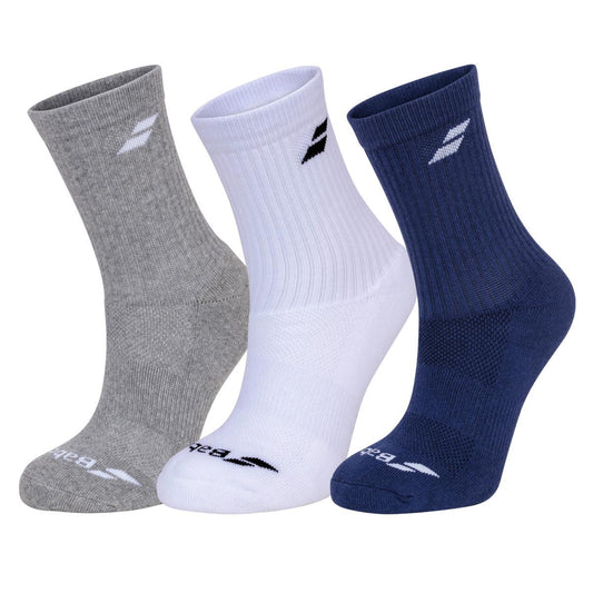 The Babolat Long Socks (3 Pack) in White, Blue, and Grey feature a small logo near the top and on the toe area. These socks are designed by Babolat with ribbed cuffs for comfort and breathability, offering a snug fit for all-day wear.