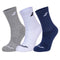 The Babolat Long Socks (3 Pack) in White, Blue, and Grey feature a small logo near the top and on the toe area. These socks are designed by Babolat with ribbed cuffs for comfort and breathability, offering a snug fit for all-day wear.