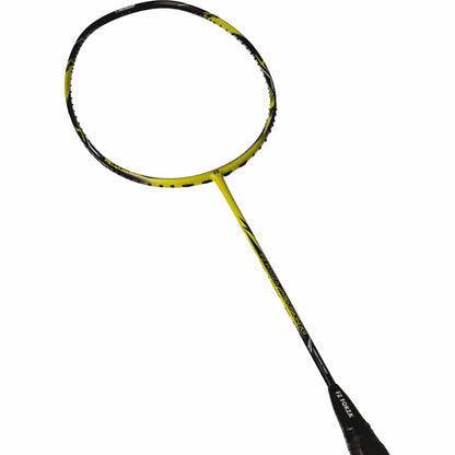 The FZ Forza Precision X11 Badminton Racket - Buttercup by FZ Forza is crafted from ultra high modulus graphite and showcases a sleek yellow and black design. It features a slim frame with taut strings set against a white backdrop, while its smooth shaft integrates seamlessly into the grip at the handle's end.