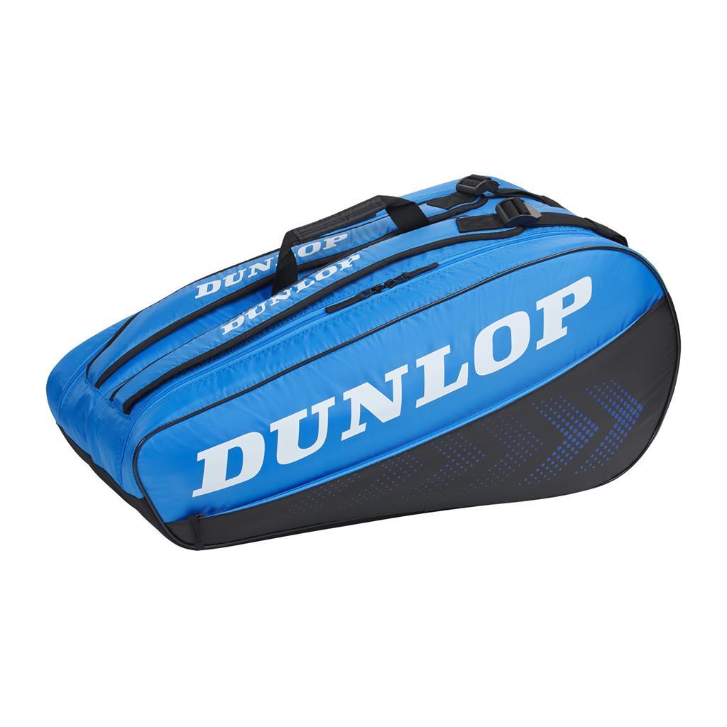 The stylish Dunlop FX Club 10 Badminton Racket Bag in black and blue, featuring white lettering, offers multiple zippered compartments and a durable carrying handle. Designed for practicality, this versatile bag can accommodate up to 10 rackets, making it perfect for both badminton and tennis fans.