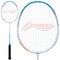 The **Li-Ning Axforce 9 Badminton Racket - White / Blue** by **Li-Ning** boasts a blue frame complemented by white strings and a striking red logo pattern. The handle is wrapped in black grip tape for a secure grip. A full view of the racket, along with a detailed close-up of the head, showcases its innovative Aero Tec-Beam System design.