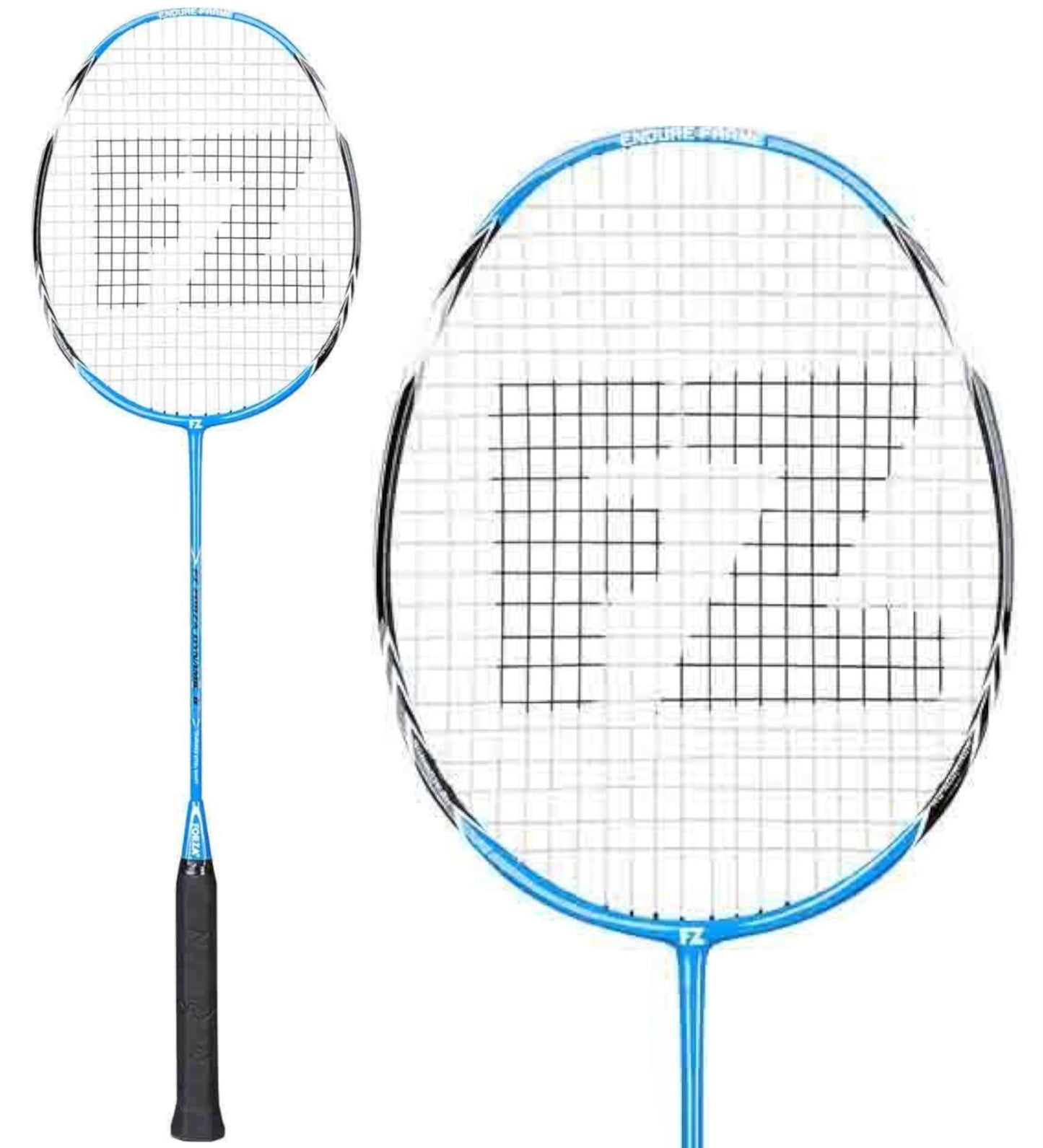 The FZ Forza Dynamic 8 Junior Badminton Racket in Blue Aster features a head-heavy balance and a black handle, with the letters "FZ" visible on the strings. The full-length view of this badminton racket is shown vertically, accompanied by a close-up of the racket head on the left.