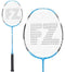 The FZ Forza Dynamic 8 Junior Badminton Racket in Blue Aster features a head-heavy balance and a black handle, with the letters "FZ" visible on the strings. The full-length view of this badminton racket is shown vertically, accompanied by a close-up of the racket head on the left.