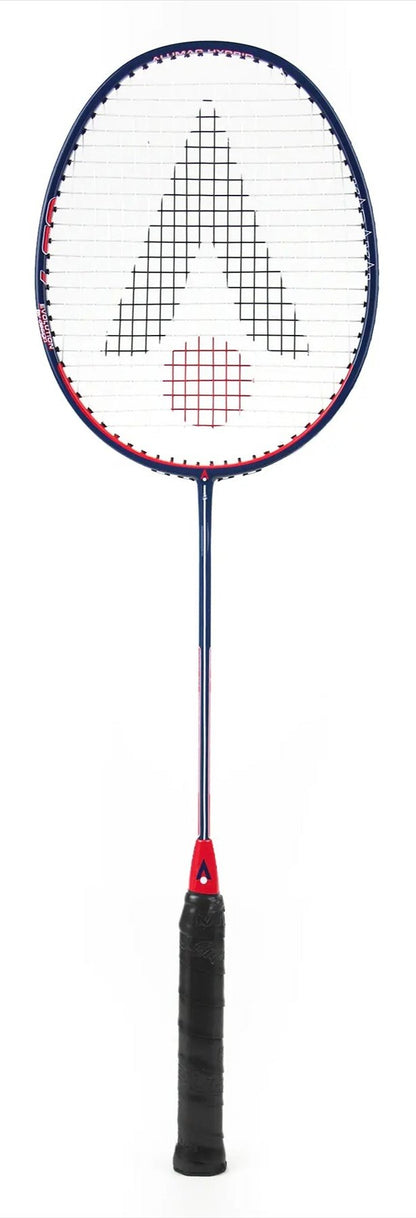 The Karakal CB-7 2.1 Badminton Racket by Karakal showcases an isometric head with a striking blue frame and black strings that feature a geometric design. Its sleek graphite shaft pairs seamlessly with the black grip, while the racket's head boasts an oval-shaped grid pattern.