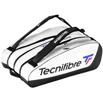 The Tecnifibre Tour Endurance 2023 15 Racket Badminton Bag in white and black prominently displays the Tecnifibre logo. It boasts multiple compartments, adjustable shoulder straps, and a waterproof design for enhanced durability and convenience on the go.