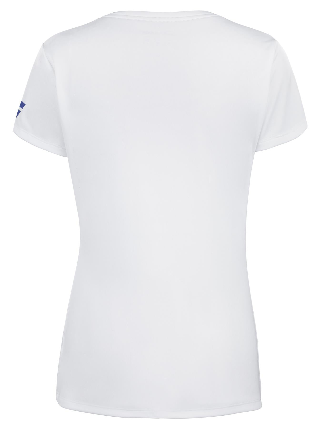 The Babolat Play Women's Badminton Cap Sleeve Top in white, crafted from Fiber Dry-polyester for maximum comfort, is displayed from the back with a discreet logo on the sleeve. Its minimalist design is showcased flat against a white background, ideal for those who appreciate simplicity in style.