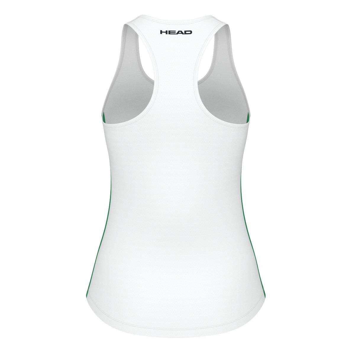 Introducing the HEAD Spirit Women's Badminton Tank Top in white by HEAD, a stylish piece with green side stripes and a racerback design. This tank top features "HEAD" printed on the upper back and is made from Moisture Transfer Microfibre, making it an excellent choice for both athletic activities and casual wear due to its lightweight comfort.