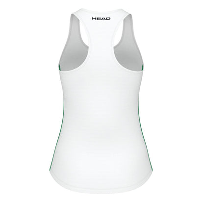 Introducing the HEAD Spirit Women's Badminton Tank Top in white by HEAD, a stylish piece with green side stripes and a racerback design. This tank top features "HEAD" printed on the upper back and is made from Moisture Transfer Microfibre, making it an excellent choice for both athletic activities and casual wear due to its lightweight comfort.