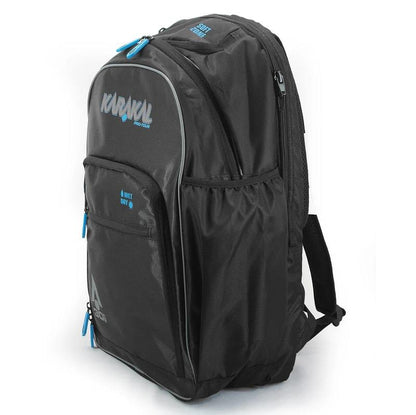 Introducing the Karakal Pro Tour 30 2.1 Badminton Backpack by Karakal: a sleek black design with blue accents and multiple compartments. It boasts a 30-litre capacity, featuring a zippered front pocket with text, side pockets, and a padded back. The top handle and adjustable shoulder straps ensure comfort.