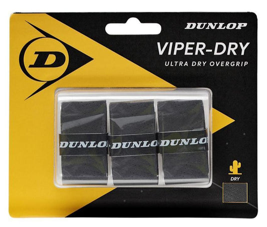 The Dunlop Viper-Dry Badminton Overgrip, featuring three black grips, offers extreme durability and superior perspiration absorption. These overgrips boast a sleek yellow and black design adorned with the iconic Dunlop logo.