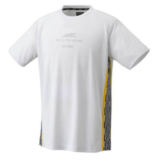 The Yonex 16738EX Lee Chong Wei LCW Badminton T-Shirt in white features short sleeves and a subtle front design. As part of Yonex's LCW series, this T-shirt incorporates high-performance technologies. The sides have a vertical accent with black and yellow geometric patterns, inspired by Lee Chong Wei's dynamic style.