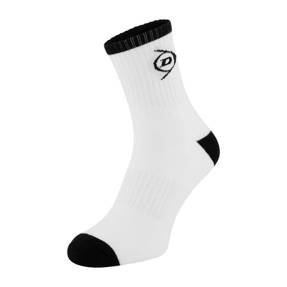 Introducing the Dunlop Performance Mens Sports Socks (2 Pack) - UK6-11, these white athletic socks are designed with a black heel, toe, and trim, and feature a sleek black logo near the top. Tailored for performance enthusiasts, they embody the quality synonymous with Dunlop. Displayed against a plain white background to accentuate their design.