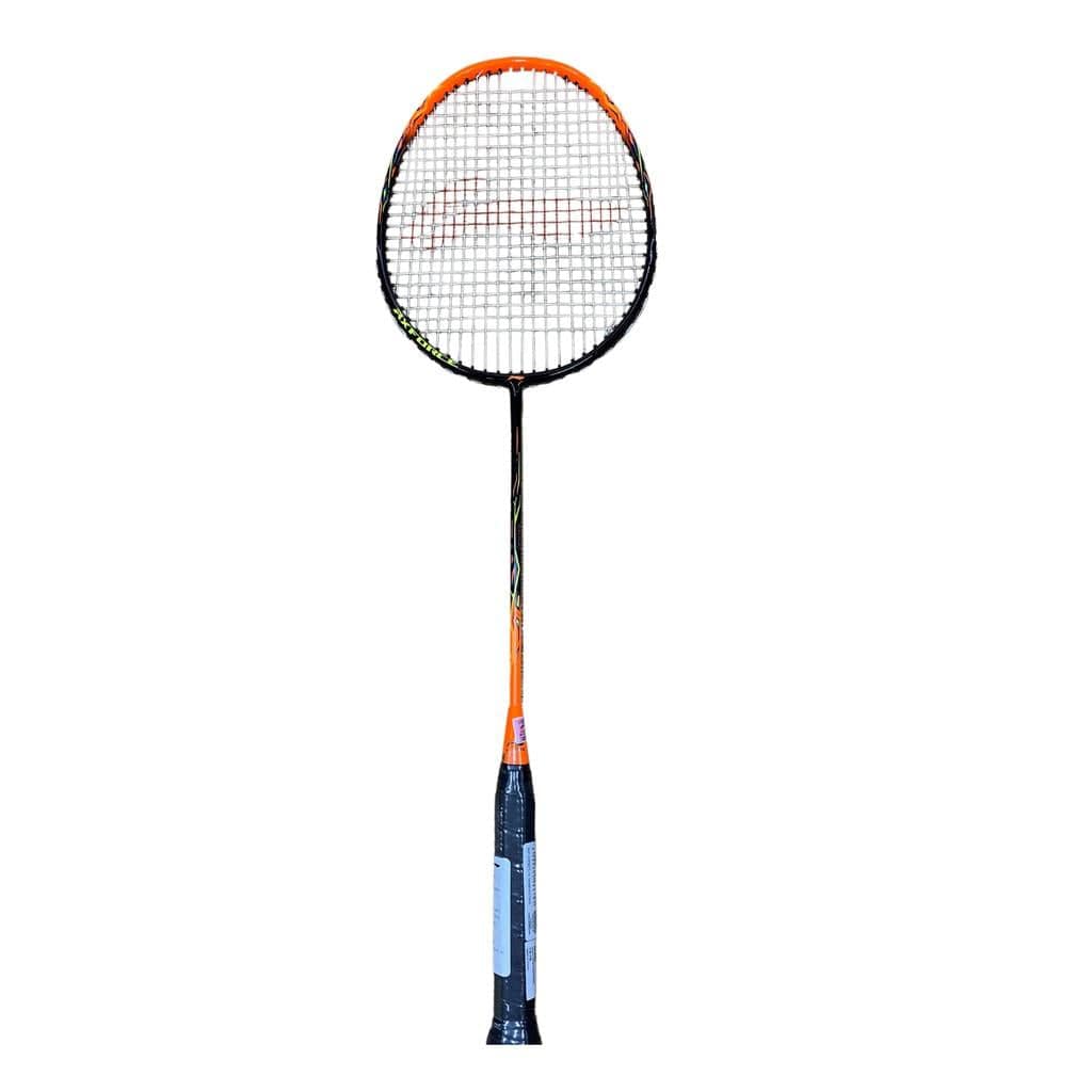 The Li-Ning Axforce 9 3U Badminton Racket in Neon True Orange features a striking orange and black frame with strings, paired with a slim handle and black grip. As a head-heavy racket, it is engineered to deliver powerful swings for competitive players looking to elevate their performance on the court.