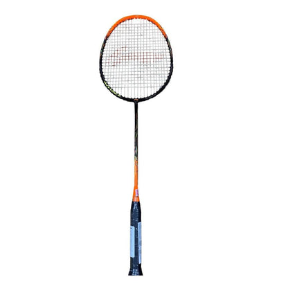 The Li-Ning Axforce 9 3U Badminton Racket in Neon True Orange features a striking orange and black frame with strings, paired with a slim handle and black grip. As a head-heavy racket, it is engineered to deliver powerful swings for competitive players looking to elevate their performance on the court.