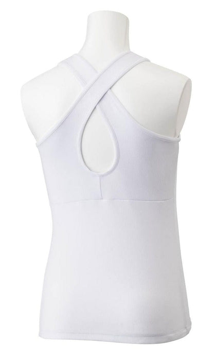 Displayed on a mannequin, the Yonex 20760 Women's Badminton Tank Top in White highlights a chic racerback design with a keyhole cutout at the back. As part of the VeryCool clothing line, this piece is perfect for those seeking performance in their tournament collection.