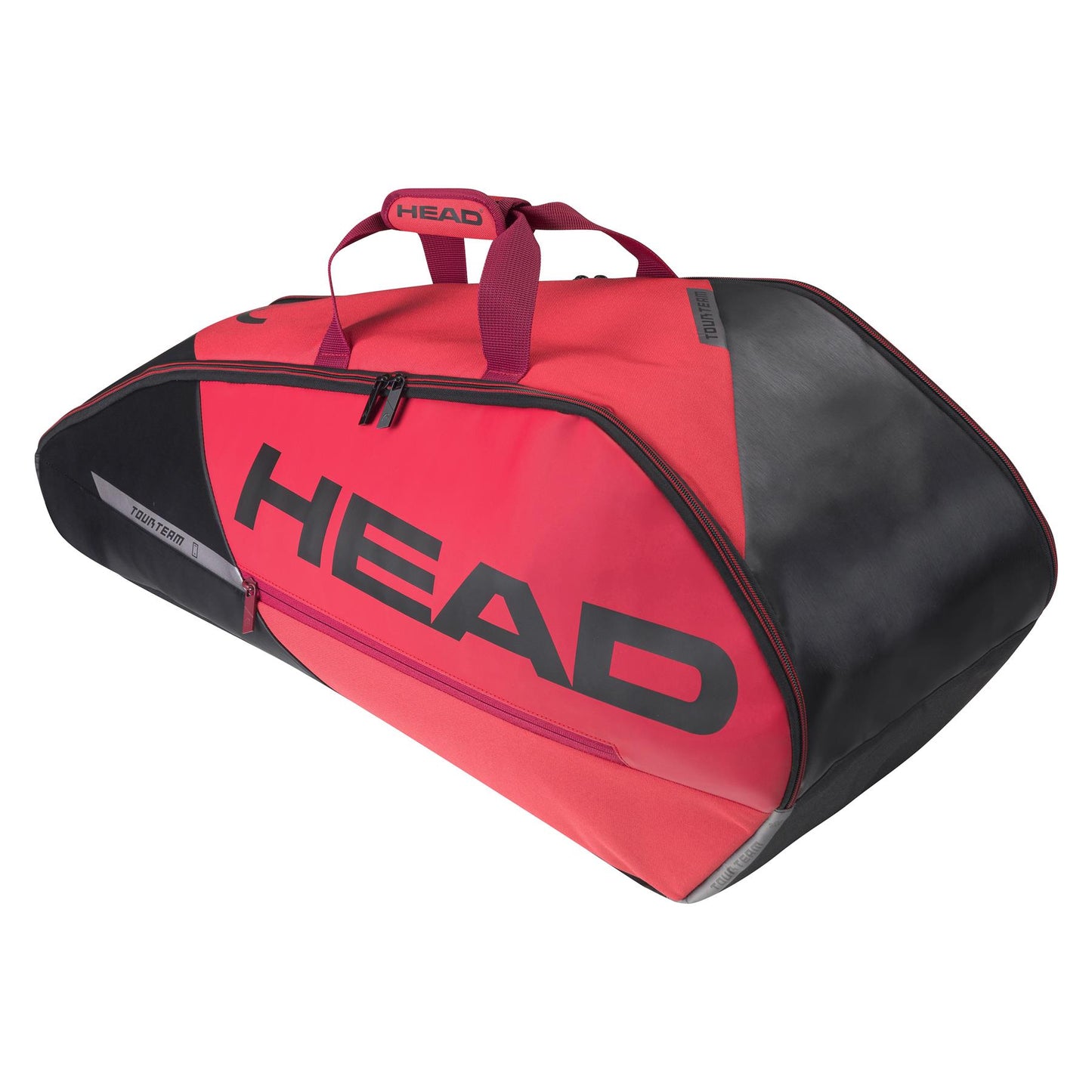 The HEAD Tour Team 6R Combi Racket Bag, in black and red, prominently showcases the "HEAD Tour Team" branding in bold. Designed with CCT+ climate control technology, it includes a zippered compartment and features red top handles. Its wide base ensures stability, making it an ideal choice for athletes who need a reliable bag for carrying up to six rackets.