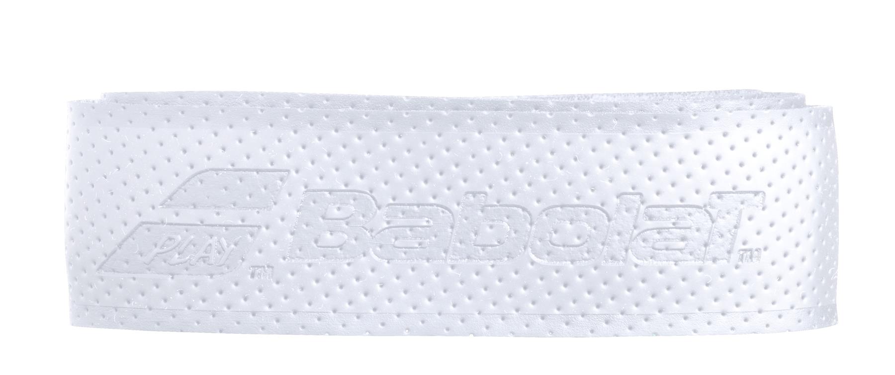 The Babolat Syntec Evo X1 Replacement Badminton Grip in white features a perforated texture for excellent moisture absorption. The iconic Babolat branding is elegantly embossed at the center, providing a comfortable experience during play.