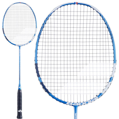 The Babolat Satelite Spire Badminton Racket - Blue by Babolat is depicted from two perspectives. The close-up emphasizes its distinctive string pattern and head design, while the full depiction reveals the entire length of the racket, including its elegant black grip handle.