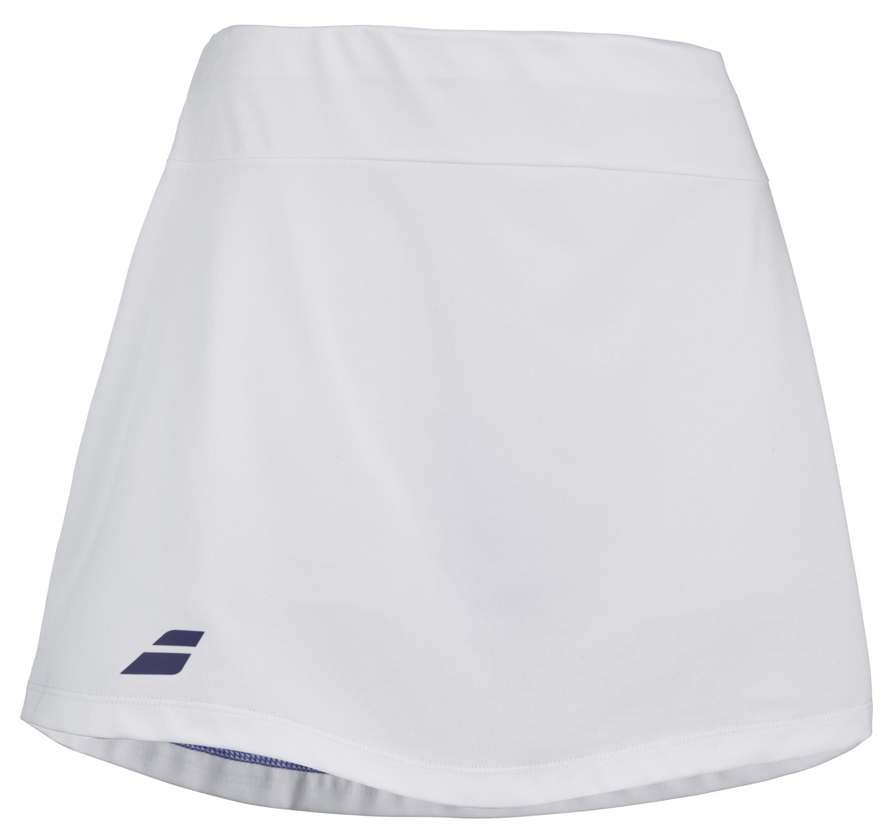 The Babolat Play Women's Badminton Skirt in white features a subtle flare and a small navy logo on the lower left side. Made from Fiber Dry fabric, this skirt by Babolat offers lightweight, breathable comfort for all your active pursuits.