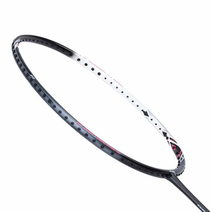 The Li-Ning Halbertec 2000 4U Badminton Racket - Cool Ebony features a sleek, aerodynamic frame in black with white and pink accents. Constructed from high-quality carbon material, this lightweight racket is enhanced by visible string holes, making it ideal for high-performance play.