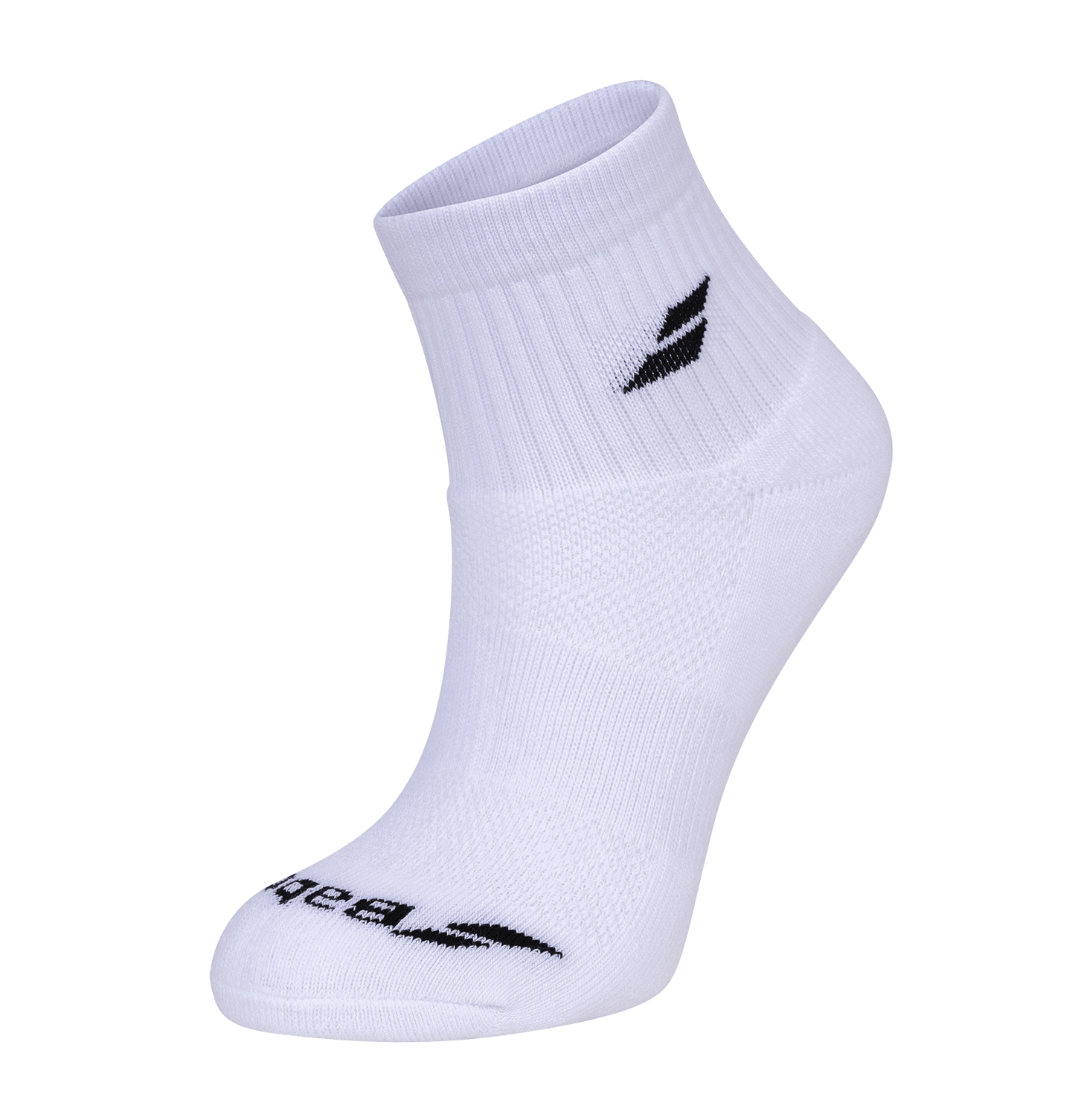 The Babolat Quarter Badminton Socks 3 Pack in white features a single sock with a black logo and design on the side and toe. These socks, displayed against a plain white background, provide unmatched comfort and breathability.