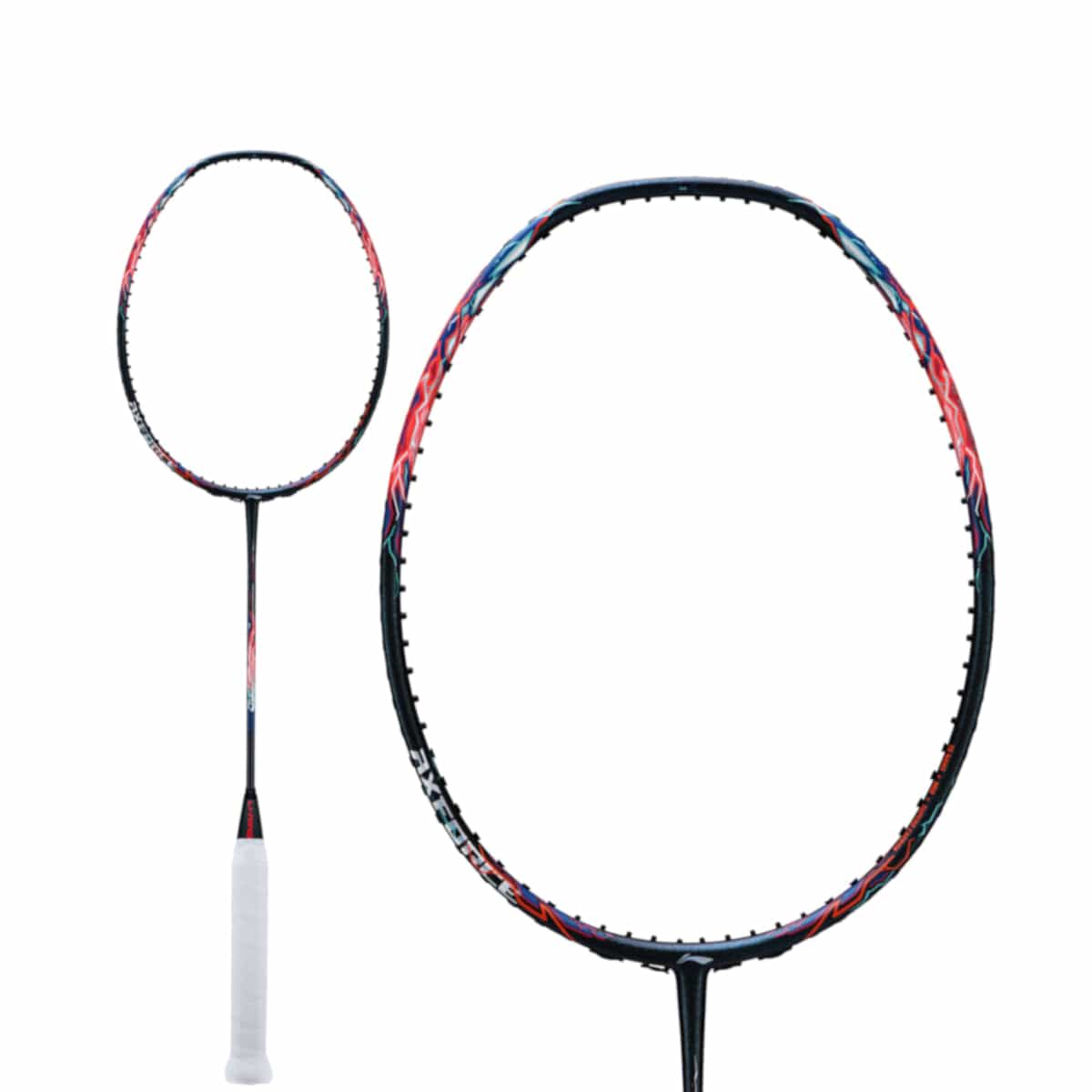 Presenting the Li-Ning Axforce 90 Tiger Max badminton racket in Molten Lava, featuring a white grip and an eye-catching frame adorned with red, blue, and black accents. Constructed from military-grade carbon fiber for enhanced durability, the elegant frame is displayed from a frontal perspective along with a detailed close-up of the head.