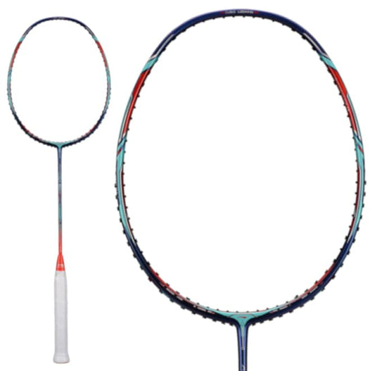 Introducing the Li-Ning Aeronaut 9000 Combat 4U Badminton Racket in Twilight Navy—a remarkable piece from Li-Ning. This racket blends a dynamic blue and red color scheme with an oval-shaped frame featuring intricate design patterns. Its sleek white grip leverages the Aeronaut Technology Platform for enhanced performance.