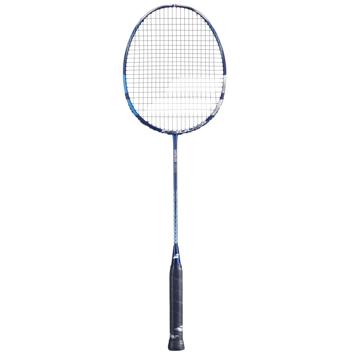 The Babolat Satelite Origin Badminton Racket, featuring a blue handle and white strings, provides outstanding precision and easy maneuverability, beautifully showcased on a white background.