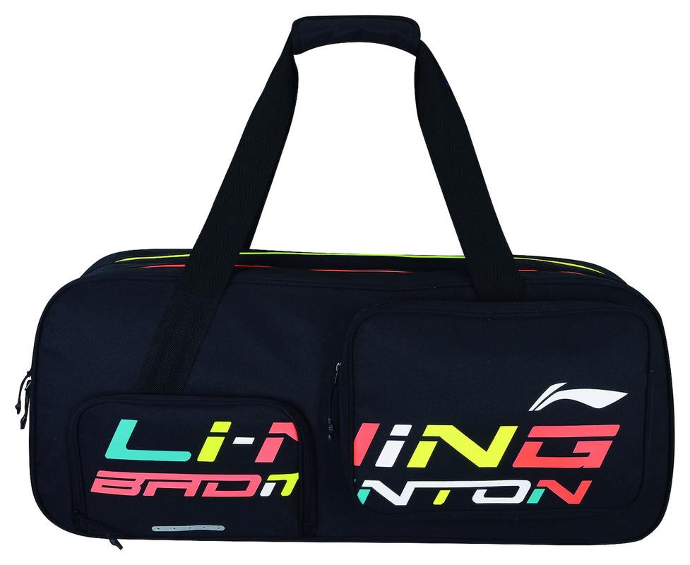 The Li-Ning Square Badminton Bag - Black exhibits colorful text and designs. With two zippered compartments, strong handles, and a ventilated shoe section, it is an ideal badminton racket bag for enthusiasts.