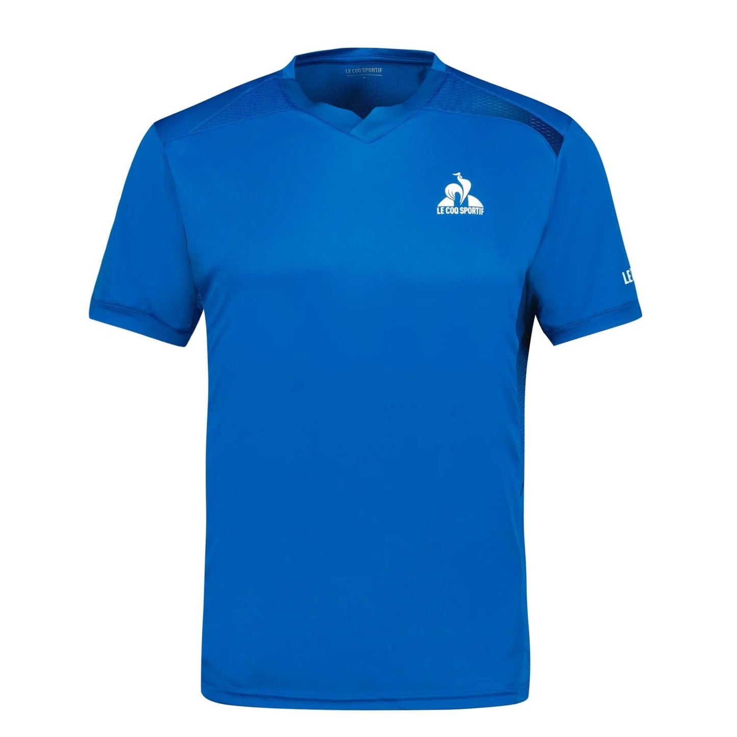 The Le Coq Sportif Pro Men's Badminton T-Shirt in Lapis Blue is made from breathable polyester and showcases a V-neck design with a white stylized rooster logo on the left chest, offering excellent freedom of movement.