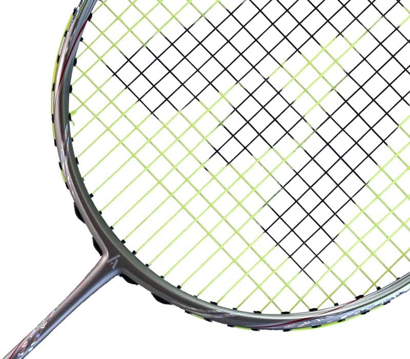 Close-up of the Ashaway Phantom Shard 4 4U Badminton Racket – Yellow, highlighting its round frame and tight strings in black and green with Shardtech technology. The partially visible handle is at the bottom.