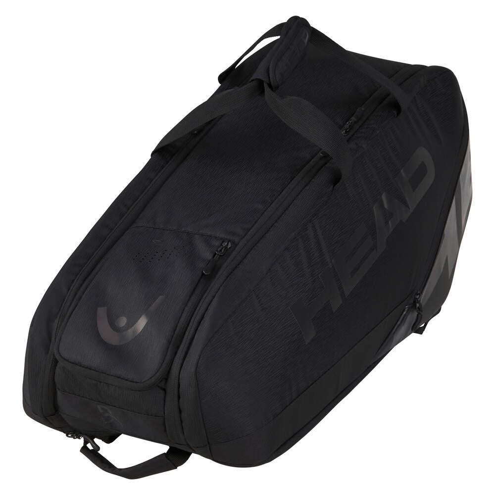 The HEAD Pro X Legend 9 Badminton Racket Bag L - Black, by HEAD, boasts a sleek design with the brand's logo in subtle gray lettering. It features multiple zipper compartments, CCT+ climate control technology, and durable straps for convenient carrying. Its modern and practical design makes it ideal for sports enthusiasts.