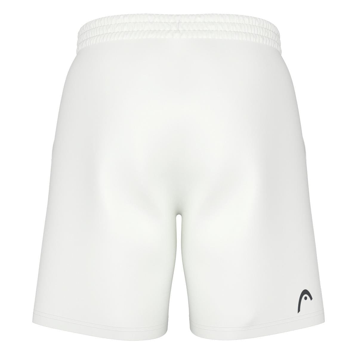 The HEAD Vision Power Men's Badminton Shorts in white are seen from the back, showcasing a sporty style with an elastic waistband and featuring a black logo on the lower right side. Made with 4-way stretch fabric, they offer both comfort and flexibility.