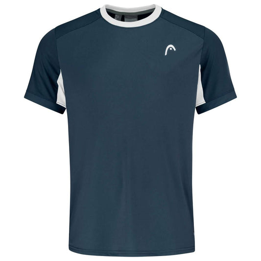 The HEAD Slice Men's Badminton T-Shirt in navy is an athletic shirt with short sleeves, highlighted by white side panels and a small white logo on the left chest. Engineered for performance, it features a mesh back and uses Moisture Transfer Microfiber technology to ensure optimal comfort.