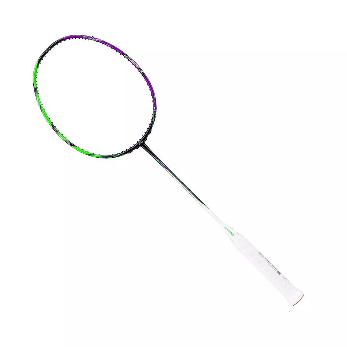 The Li-Ning Halbertec 9000 Badminton Racket, in a striking Green Crystal and Dragons Violet design, offers high performance with its stylish circular frame and comfortable white grip.