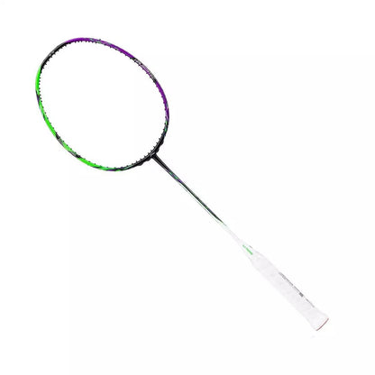 The Li-Ning Halbertec 9000 Badminton Racket, in a striking Green Crystal and Dragons Violet design, offers high performance with its stylish circular frame and comfortable white grip.