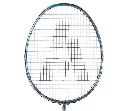 The Ashaway Phantom Shard 5 5U Badminton Racket - Blue boasts a distinctive "A" pattern on its strings with Shardtech technology, featuring a sleek frame that combines innovation with elegance.